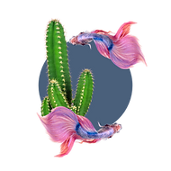 Collage of a cactus and two pink betta fish around a blue circle