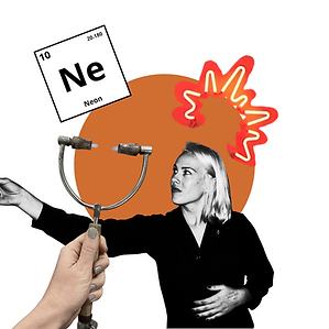 Collage of artist Kacie Lees pointing at a bent neon tube held in a hand, with an orange circle, a glowing red neon squiggle, and a periodic table tile for Neon (Ne)